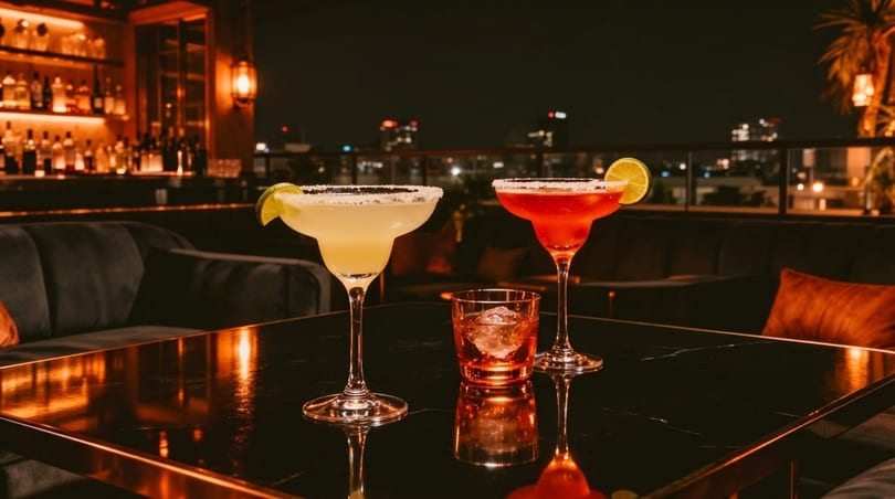 Margaritas and a whiskey drink on a table at a rooftop bar with city lights at night.