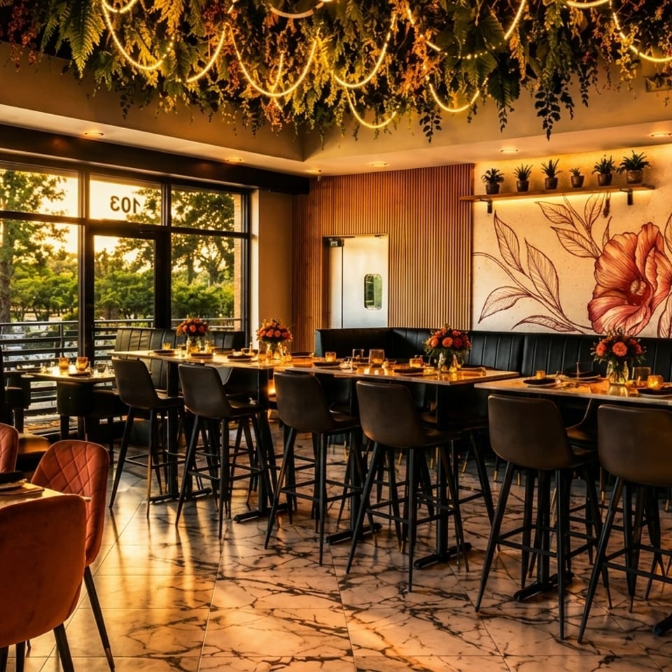 A restaurant interior with large windows, high-top tables, and a floral mural, illuminated by sunset.