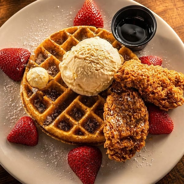 Chicken and waffles with ice cream, butter, strawberries, and syrup on a white plate.