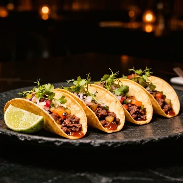 Five tacos with ground meat, salsa, and cilantro on a dark plate, with candles in the background.
