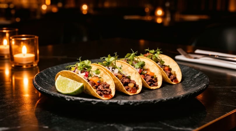 Five beef tacos with cilantro, salsa, and lime on a dark plate, with candlelight.