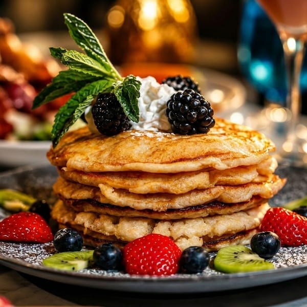 Stack of golden pancakes topped with whipped cream, blackberries, and mint, surrounded by fresh fruit.