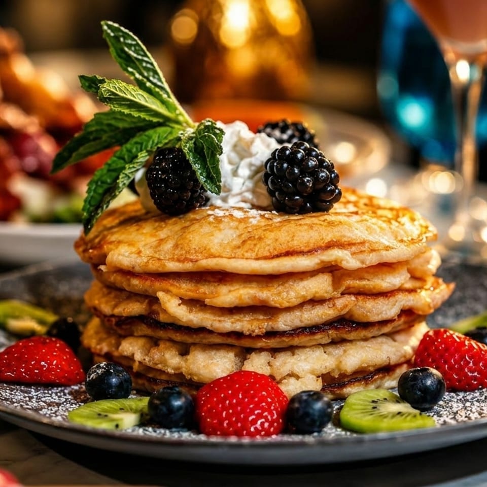 A stack of golden pancakes topped with whipped cream, blackberries, and mint, surrounded by fresh fruit.