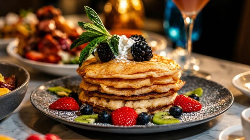 Stack of golden pancakes topped with whipped cream, blackberries, and mint, garnished with berries and kiwi.