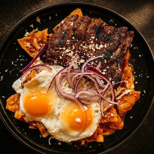 Grilled steak, two fried eggs, and red onions on a bed of chilaquiles with crumbled cheese.