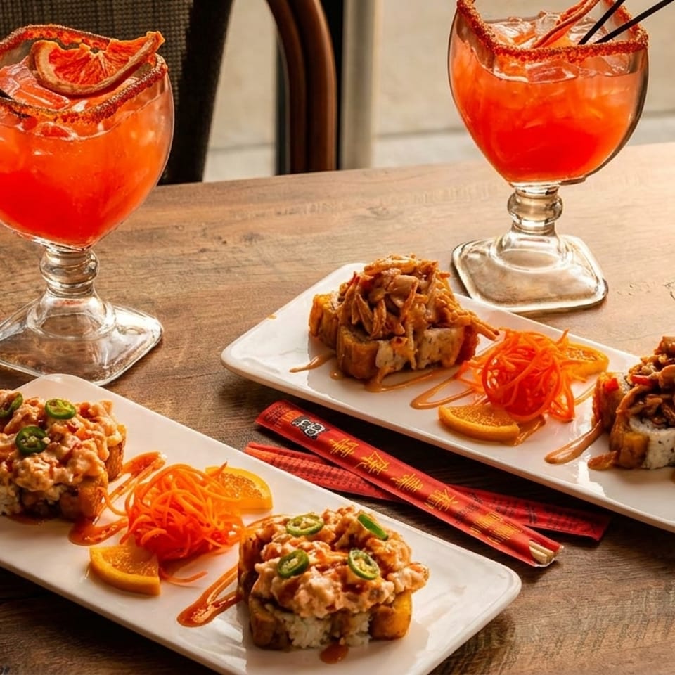 Two plates of sushi rolls with orange slices and two red cocktails on a wooden table.