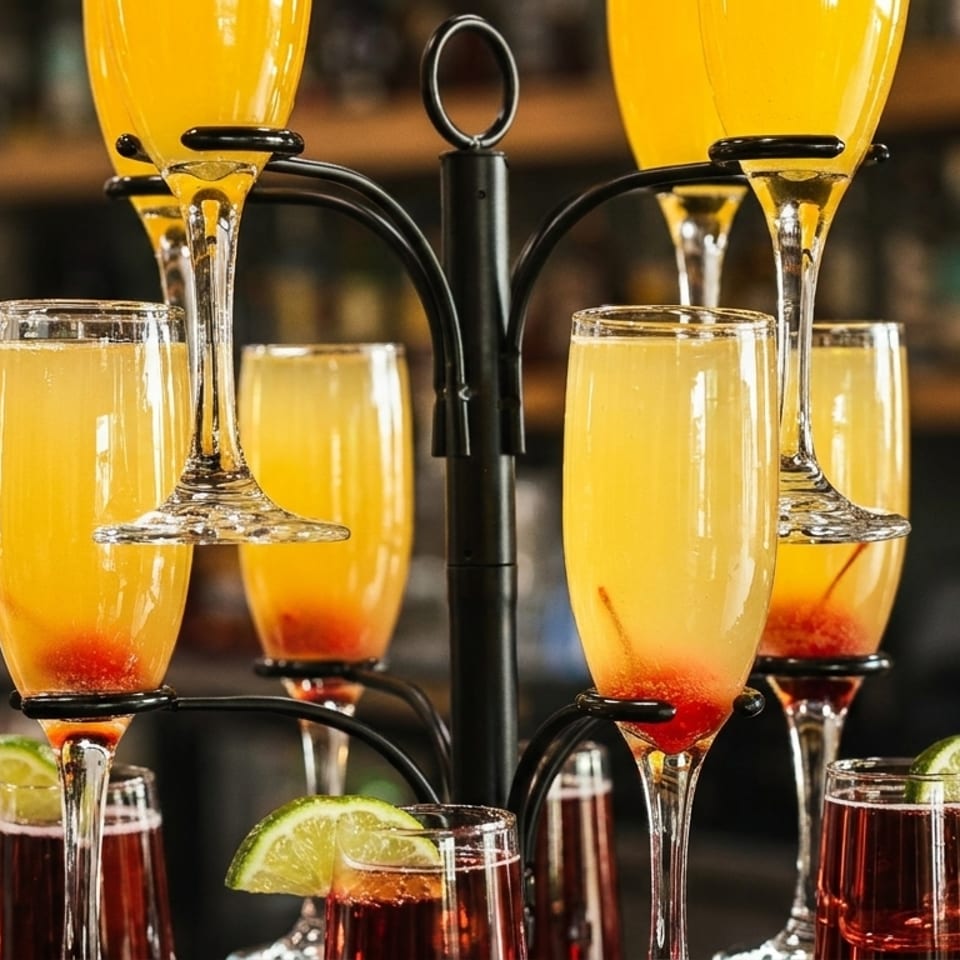 A mimosa tower with champagne flutes filled with orange and red cocktails, garnished with limes.