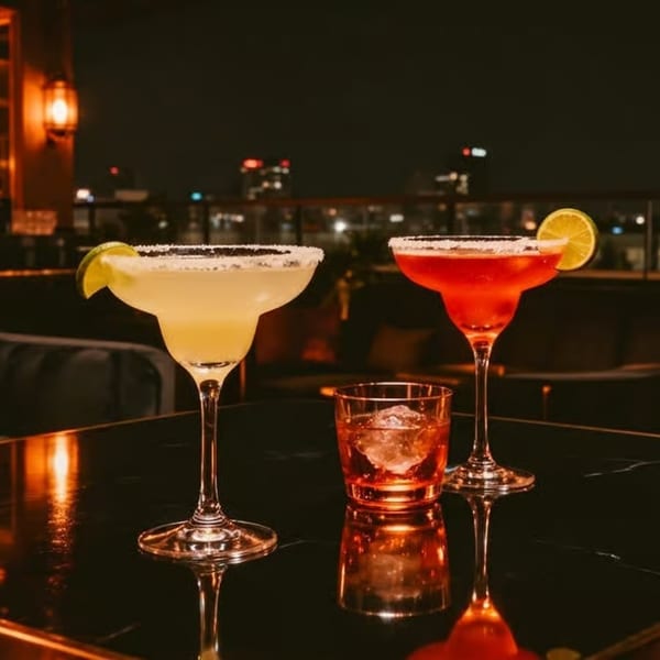Two margaritas and an old fashioned on a glossy table at a rooftop bar at night.