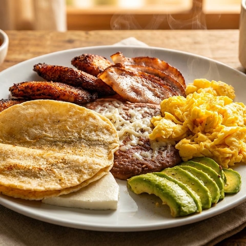 A large breakfast plate with scrambled eggs, bacon, plantains, tortillas, avocado, and beans.