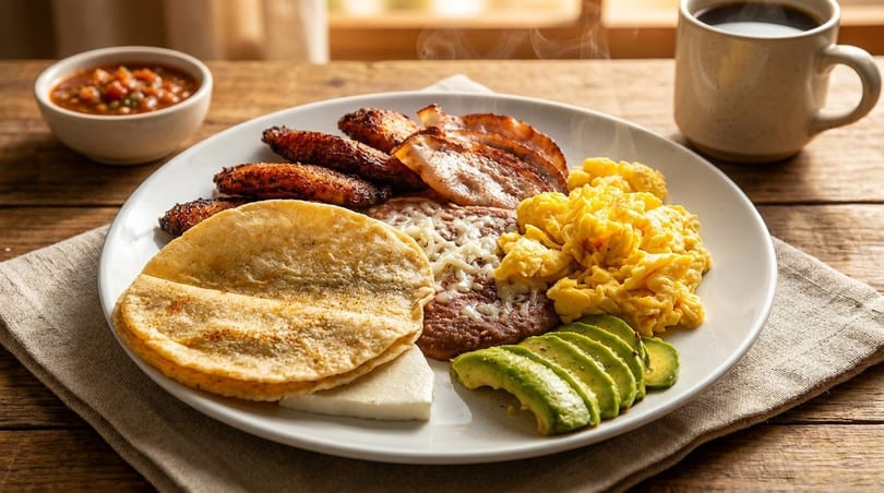 A large breakfast plate with scrambled eggs, bacon, plantains, tortillas, avocado, and beans.
