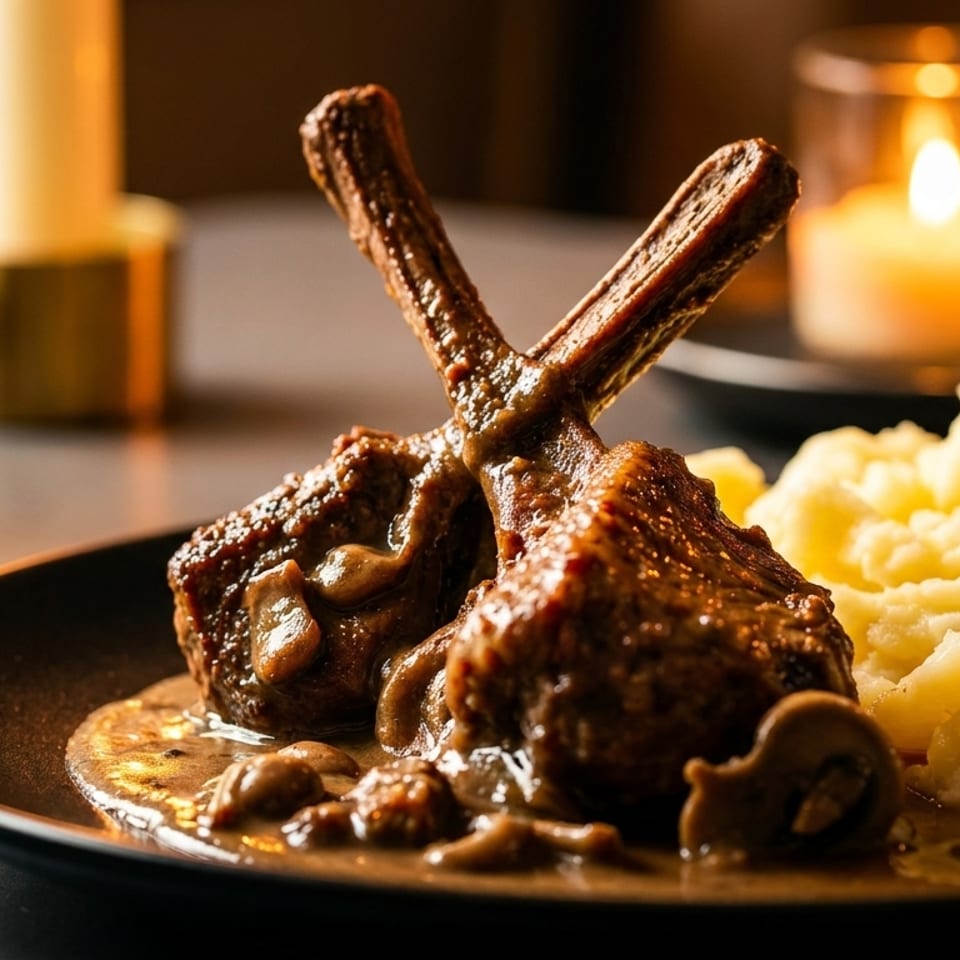 Two lamb chops with mushroom sauce and mashed potatoes, illuminated by candlelight on a dark table.