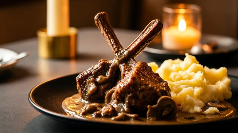 Two lamb chops with mushroom sauce and mashed potatoes, illuminated by candlelight on a dark table.