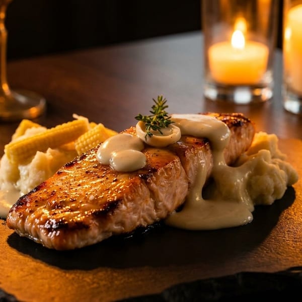 Grilled salmon with cream sauce, mashed potatoes, baby corn, and candles on a dark table.
