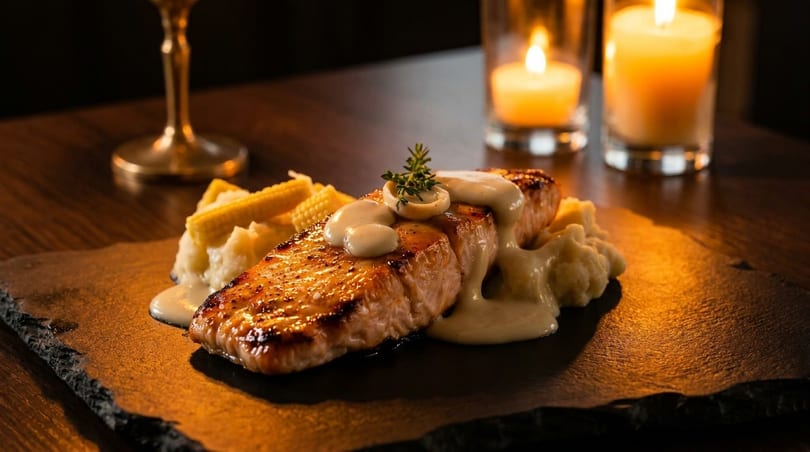 Grilled salmon with cream sauce, mashed potatoes, baby corn, and candles on a dark table.